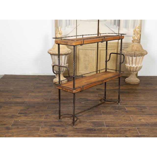 American Midcentury Metal and Wood Two-Tiered Shelving Unit with Twisted Motifs For Sale In Atlanta - Image 6 of 12