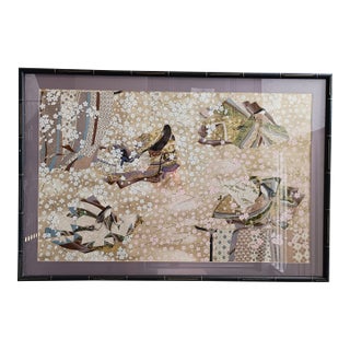 1960s Japanese Yuzen Paper Art Panel - Court Princesses & Cherry Blossoms For Sale
