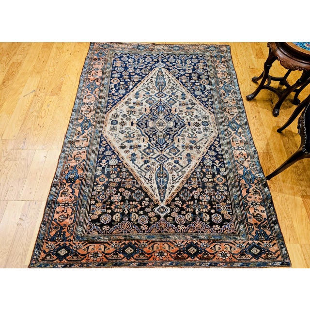 Textile Antique Persian Malayer Area Rug, Hand-Knotted Wool, Geometric Medallion Pattern, Ivory & Navy,5x7 For Sale - Image 7 of 17