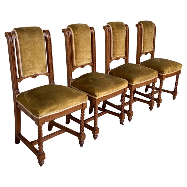 Brown Early 20th Century Set of 4 Carved Dining Room Chairs in Louis XIII Style with Velvet Seat and Back For Sale - Image 8 of 18