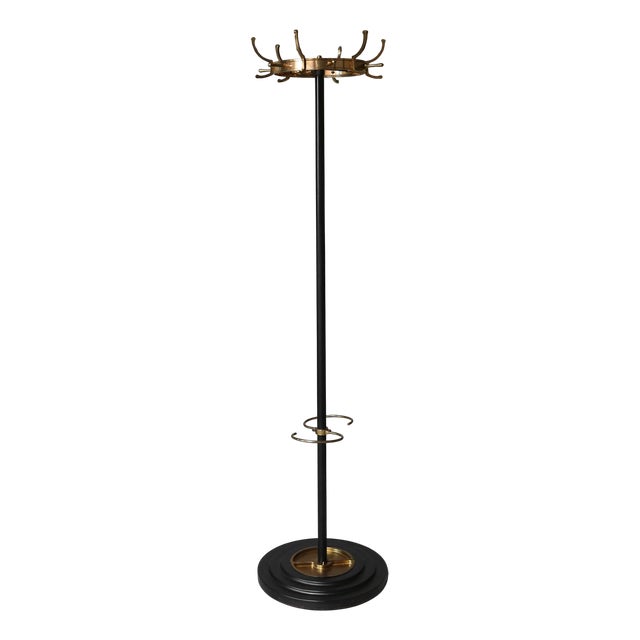 Mid-Century Black Metal and Brass Coat Rack attributed to Jacques Adnet, France, 1950s For Sale