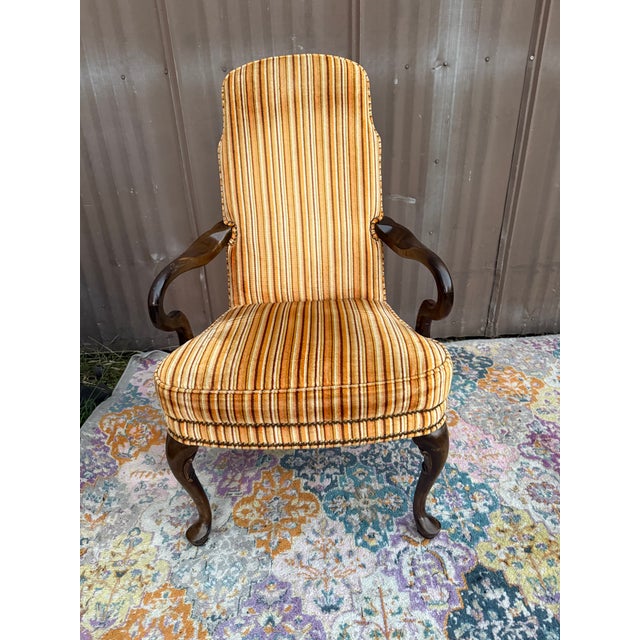 Queen Anne Fun Vintage Striped Velvet Upholstered Armchair For Sale - Image 4 of 10