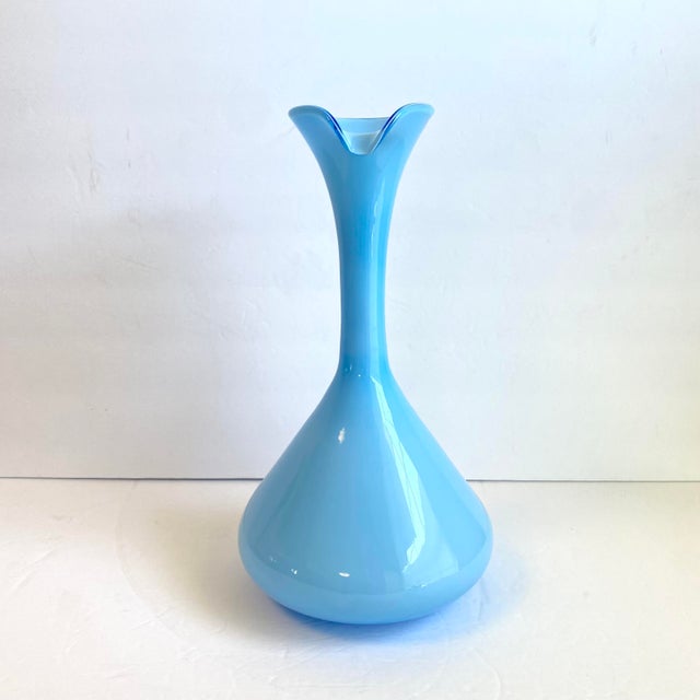Empoli Italian Art Glass Pitcher Sky Blue Cased Glass Turquoise Vessel Attributed to Empoli Italy For Sale - Image 4 of 9
