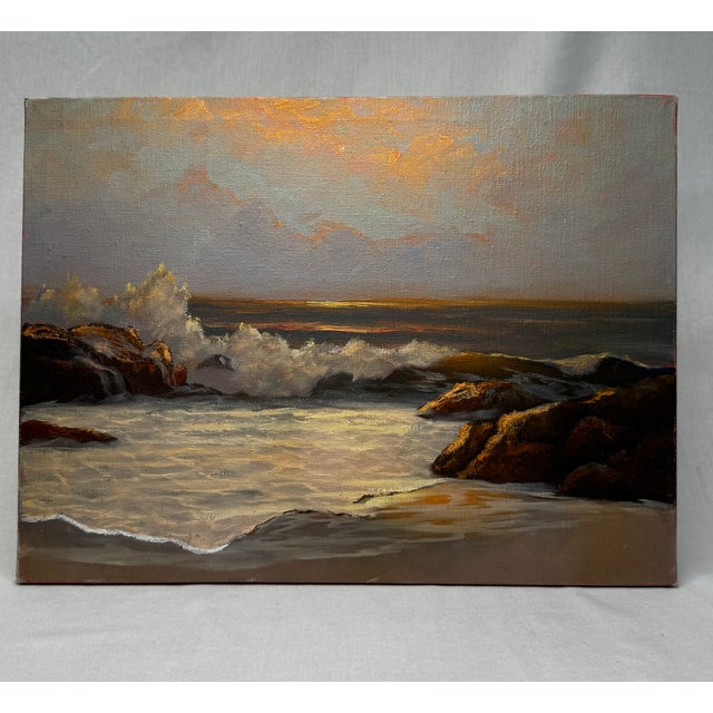 Traditional Vintage Mid Century Impressionist Sunset Seascape Original Oil Painting in the Manner of Robert William Wood For Sale - Image 3 of 16