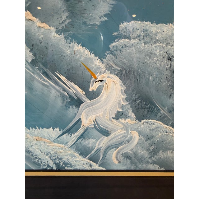 Signed Tim Dunham 2001 Fantasy Reverse Glass Painting-Unicorn For Sale - Image 4 of 8
