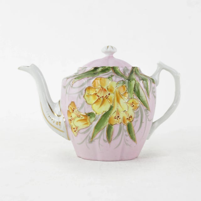 Vintage Pink Floral Teapot With Yellow Blossoms and Green Leaves – Hand-Painted Porcelain Teapot, Collectible Art Deco Style For Sale - Image 11 of 11