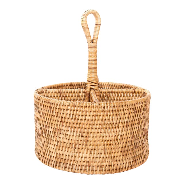Artifacts Rattan Round 4 section Caddy/Cutlery Holder in Honey Brown For Sale