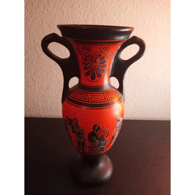 1970s Signed & Handpainted Black Ceramic Dual Handle Vase From Greece For Sale - Image 9 of 9