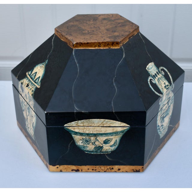 Vtg. Hexagonal Shaped Box With Asian Style Vessels For Sale - Image 9 of 15