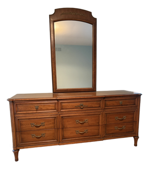 Vintage Henredon Heritage Walnut Italian Provincial 9-Drawer Lowboy With Mirror (5300 Series)