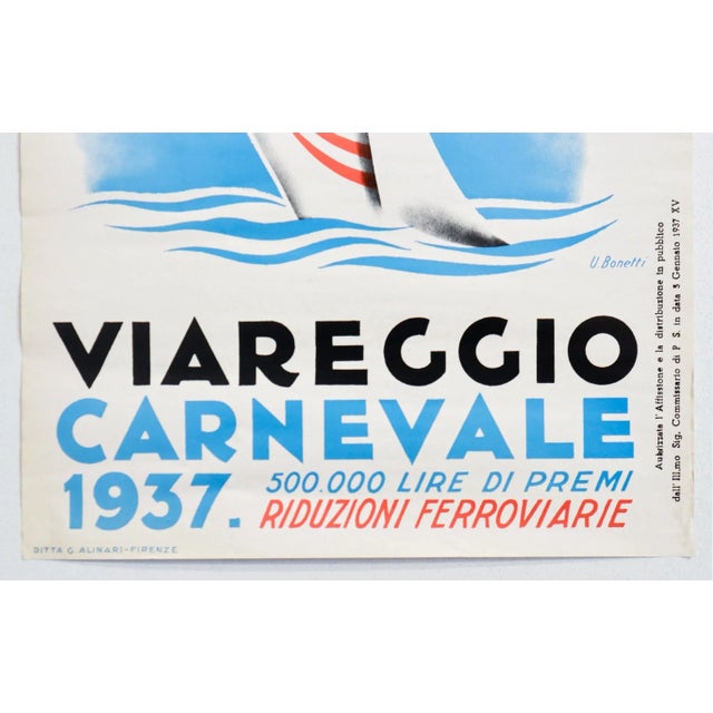 Italian 1937 Italian Carnival Poster - Viareggio Carnevale 1937 - Uberto Bonetti (1970's Re-Issue) For Sale - Image 3 of 4