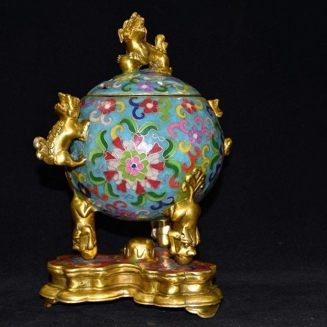 Vintage Cloisonne Enamel Globe Censer - Double-Handle Tripod Incense Burner For Sale - Image 4 of 9