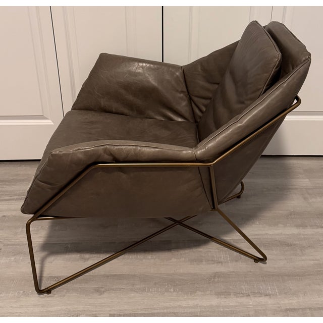 Mid-Century Modern West Elm Origami Leather Armchair Gray Leather Lounge Chair With Brass Frame For Sale - Image 3 of 4