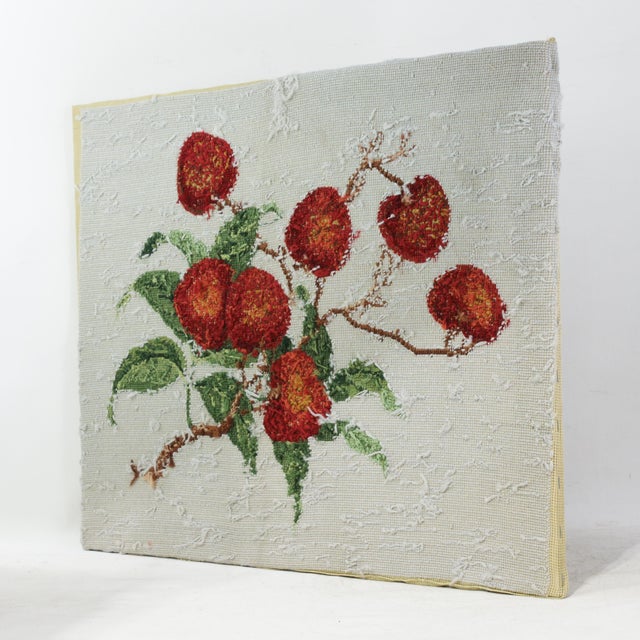 This exquisite vintage needlework piece features a meticulously botanical study of a fruiting branch laden with ripe,...