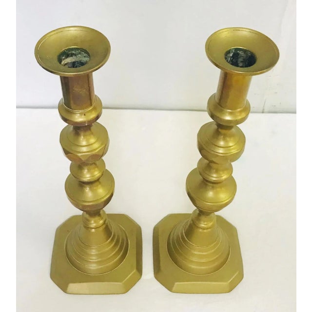 English 19th Century English Georgian Brass Beehive and Diamond Push-Up Candlesticks- a Pair For Sale - Image 3 of 12
