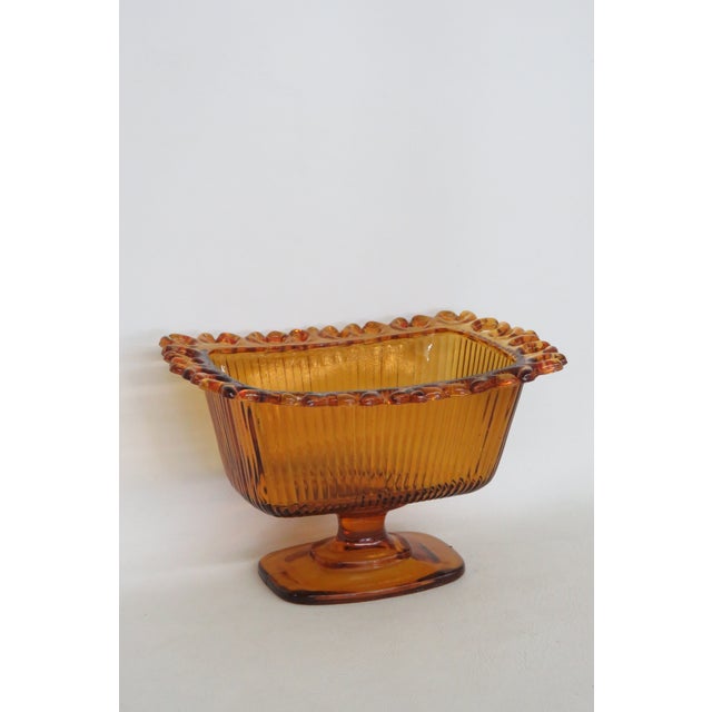 Ftda 1981 Amber Golden Brown Pressed Glass Embossed Pedestal Candy Dish 5088b For Sale - Image 17 of 18