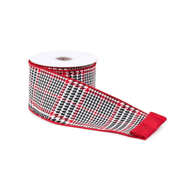 Modern Red and Black Houndstooth Plaid Wired Ribbon 4" x 10yds For Sale - Image 3 of 3