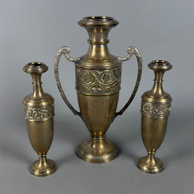 Vintage Triptych Vases with Amphora Silver Brass and Floral Embossment Roses, 1930s, Set of 2 For Sale - Image 9 of 9