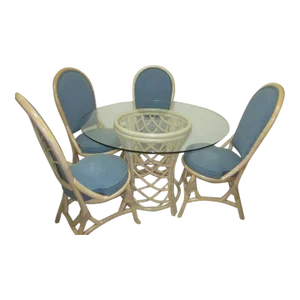 1990s Bamboo Dining Room Blue Fabric Upholstered Set of 5