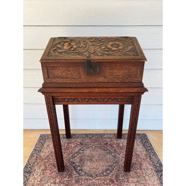 Antique English Slant Top Bible Box Desk Stand Jacobean Carved Oak Lectern c1890. Direct from England, a beautiful antique...