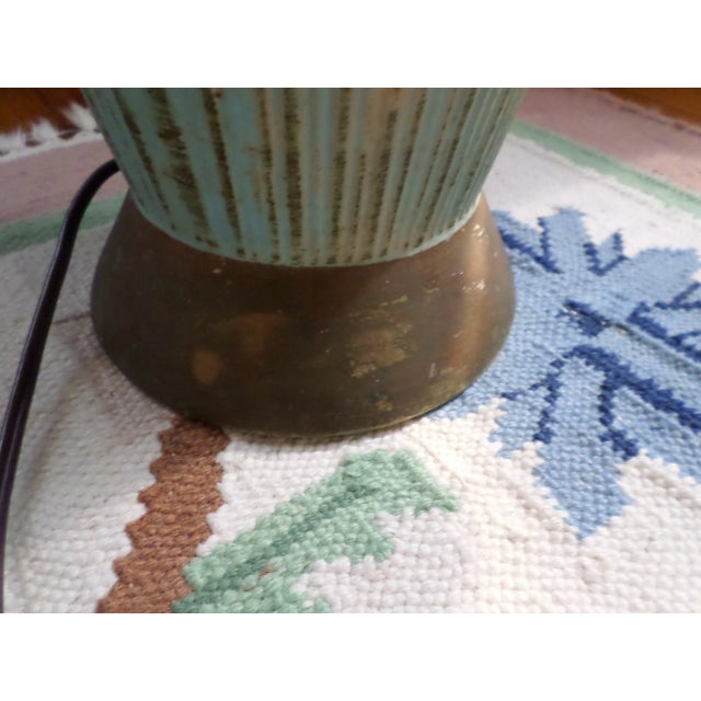 Wood Mid Century Danish Modern Green Striped Atomic Pottery Table Lamp For Sale - Image 7 of 13