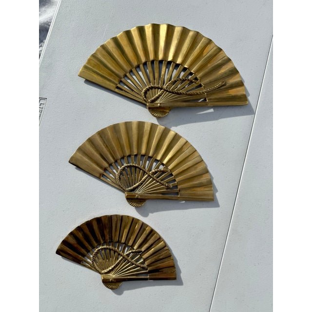 Mid 20th Century Vintage Mid-Century Modern Brass Fan Wall Hangings - Set of 3 For Sale - Image 5 of 10
