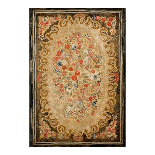 1880s Tan Camel Floral Folk Art Antique American Rug 6'10" X 10'0" Handknotted Wool Carpet For Sale