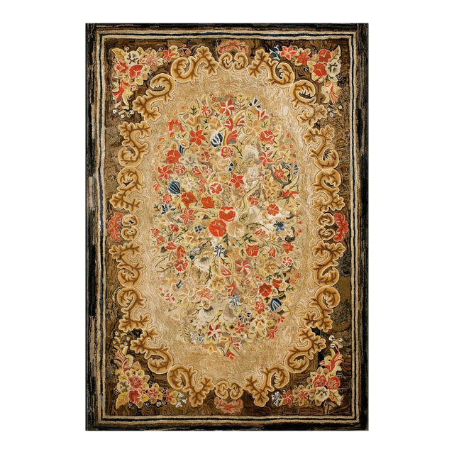 1880s Tan Camel Floral Folk Art Antique American Rug 6'10" X 10'0" Handknotted Wool Carpet For Sale