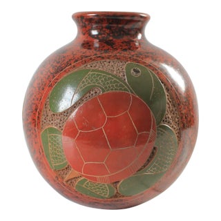 Folk Art Nicaraguan Artisan Pottery Vase W/ Turtle Motif For Sale