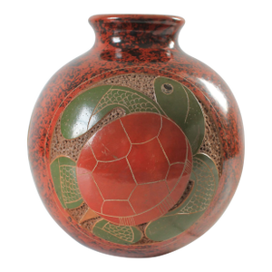 Folk Art Nicaraguan Artisan Pottery Vase W/ Turtle Motif