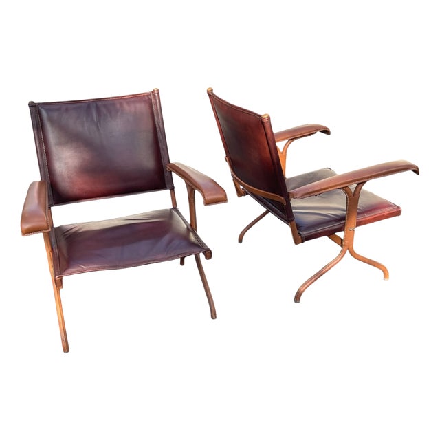 Vintage Stitched Leather Chairs by Jacques Adnet, 1950s, Set of 2 For Sale