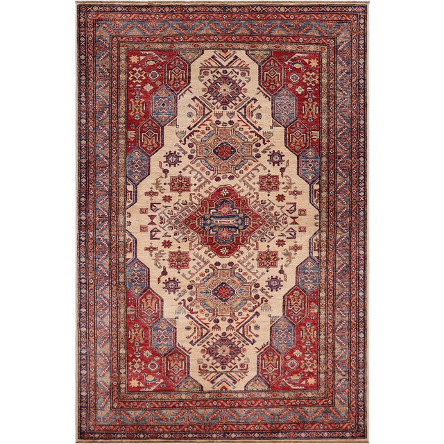 Shabby Chic Tribal Super Kazak Beige/Blue Wool Rug - 5'5'' X 8'1'' For Sale - Image 10 of 10