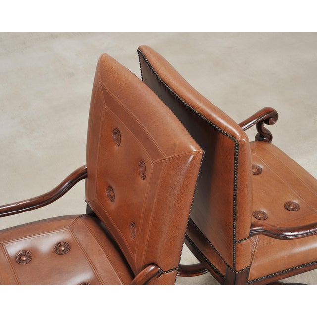 Theodore Alexander Pair of Louis XIII Baroque Style Mahogany Leather Armchairs For Sale - Image 4 of 18