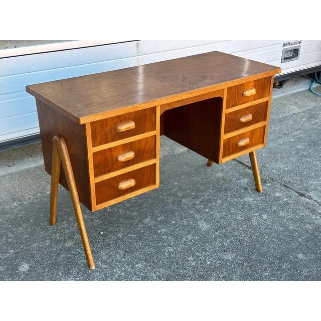 Mid-Century Modern Art Deco Danish Teak and Oak Desk with 6 Drawers and Top of Nuts, 1940s For Sale - Image 3 of 7