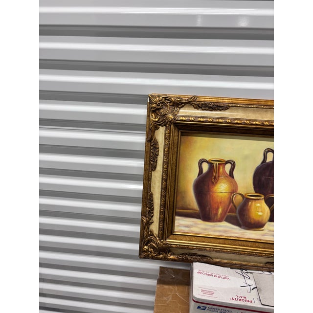 Brown Framed Still Life Canvas Painting Signed by A. Warner, Featuring a Composition of Three Earthy Ceramic Jars and Vessels. For Sale - Image 8 of 9