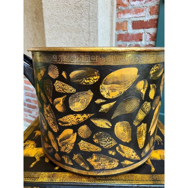 Late 19th Century Large Antique English Planter Cachepot Black Metal Lacquer Shell Decoupage C1890 For Sale - Image 5 of 18
