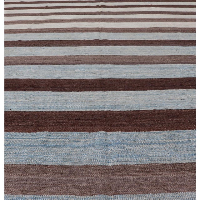Textile Modern Kilim Hand Woven Casual Rug With Stripes in Shades of Blue and Brown 8'6 X 12'6 For Sale - Image 7 of 13