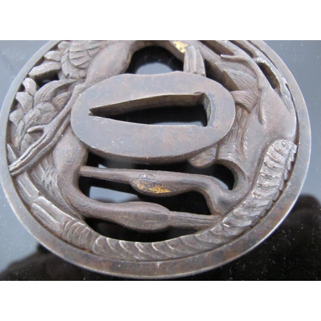 Bronze Japanese Iron Openwork Triple Crane Design Tsuba Katana Samurai Sword Guard For Sale - Image 8 of 10