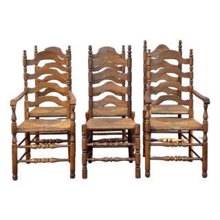 A Set of Six Rustic Vintage Oak and Rush Seat Dining Chairs With Ladder Backs For Sale