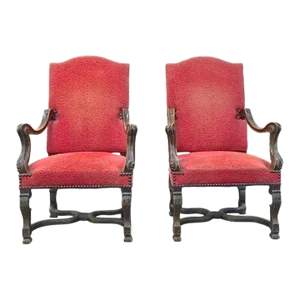 Pair of Antique Louis XIII Carved Coral Armchairs