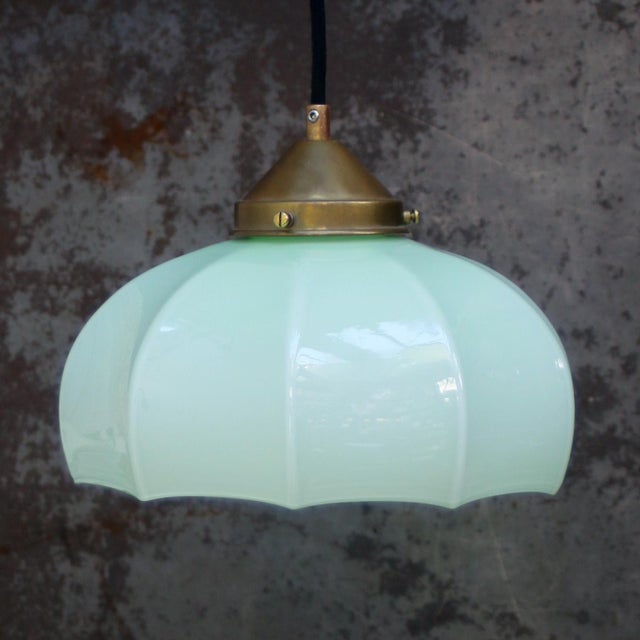 Mid-Century Modern French Green Opaline Glass and Brass Gallery Pendant Lamp For Sale - Image 3 of 8