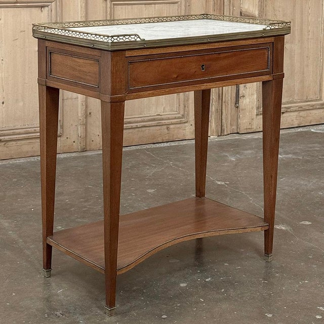 Antique French Louis XVI Rectangular Mahogany Side Table With Carrara Marble Top and Brass Gallery For Sale - Image 4 of 15