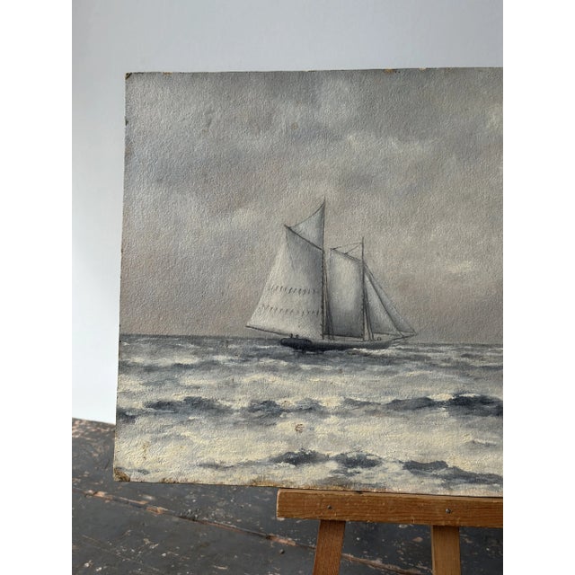 Mid 20th Century Vintage Steely Seascape Painting on Board, Signed by the Artist, Circa Mid-20th Century For Sale - Image 5 of 14