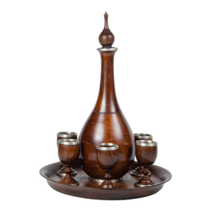 Late 19th Century German Wood and Silver Decanter Set With Tray and 6 Glasses by the Company Gebrüder Kühn- 8 Pieces