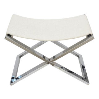 Vintage Chrome Plated Steel X Frame Bench With White Boucle Sling Cushion 1980's For Sale