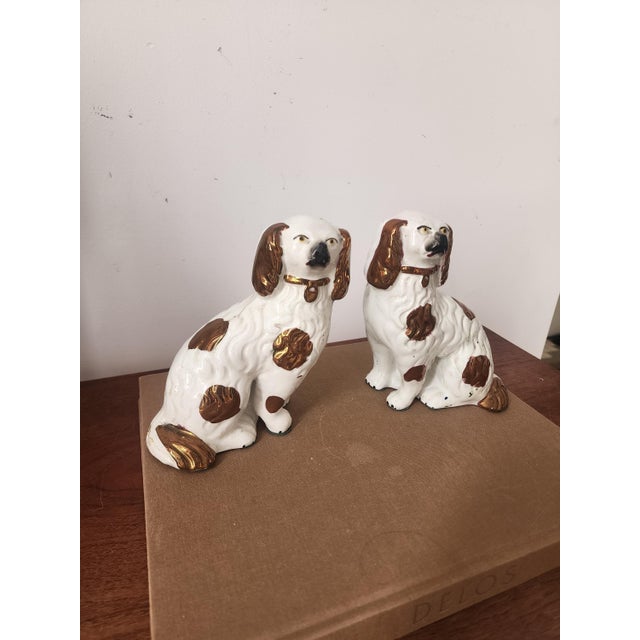 Vintage Staffordshire Spaniel Dog Figurines Pair, White Gold Ceramic Dogs, Staffordshire Style Dog Statues, Victorian Dog Decor For Sale - Image 11 of 13