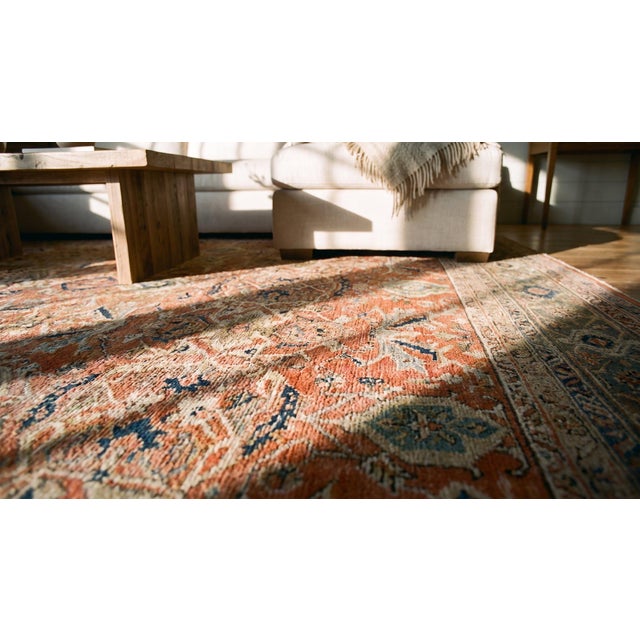 Rustic Red Background and Beautiful Green Ported Antique Persian Sultanabad Carpet ( 9' X 11'6" - 275 X 350 ) For Sale - Image 14 of 16