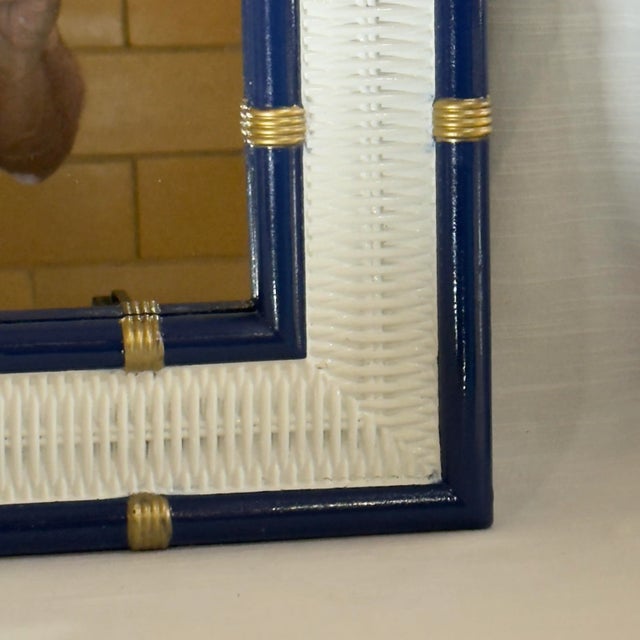 Dixie Furniture Co. Vintage Palm Beach Regency Chinoiserie Blue and White Faux Bamboo and Wicker Wall Mirror With Gilt Accents Dorothy Draper Style - Newly Painted For Sale - Image 4 of 10