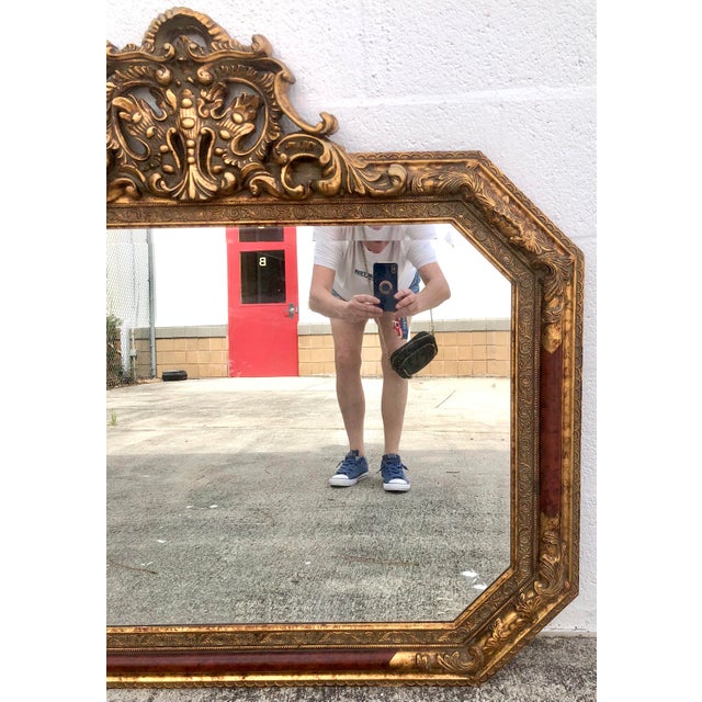 1970s Large Vintage Mid Century Red Column Gold Gilt Beveled Glass Hanging Wall Mirror For Sale - Image 5 of 11