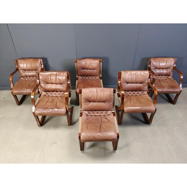Textile Vintage Leather and Plywood Chairs from Asko Pajamies, Finland, 1970s, Set of 6 For Sale - Image 7 of 13